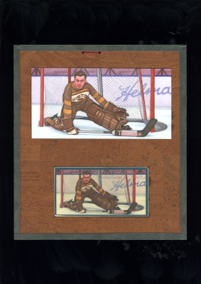Picture, Helmar Brewing, Hockey Icers Card # 20, Tiny THOMPSON, Brown uniform, net behind, Boston Bruins